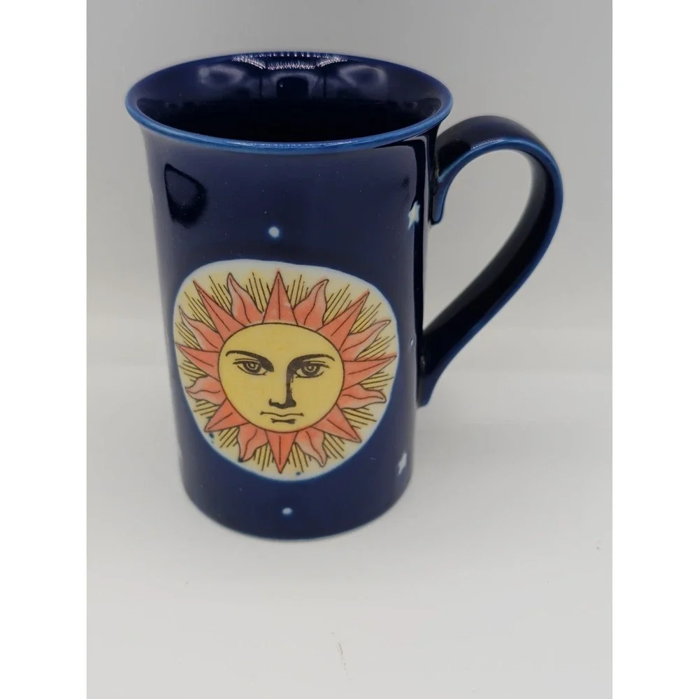VTG Pier 1 Celestial Sun Cobalt Blue Ceramic 10oz Coffee Mug Cup Japan 90s